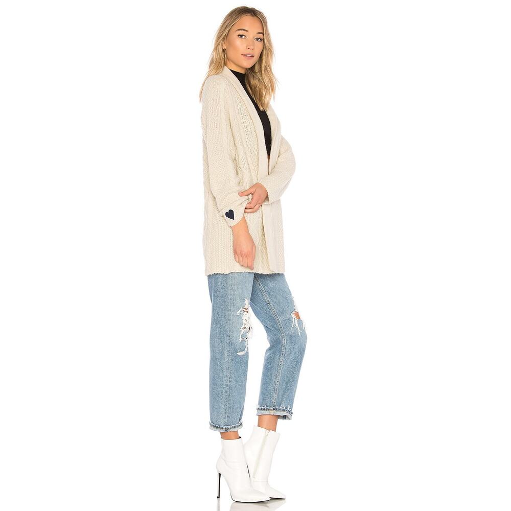Mother Sweater Beige Alpaca Cable Knit Embroidered Open Front Cardigan Size XS